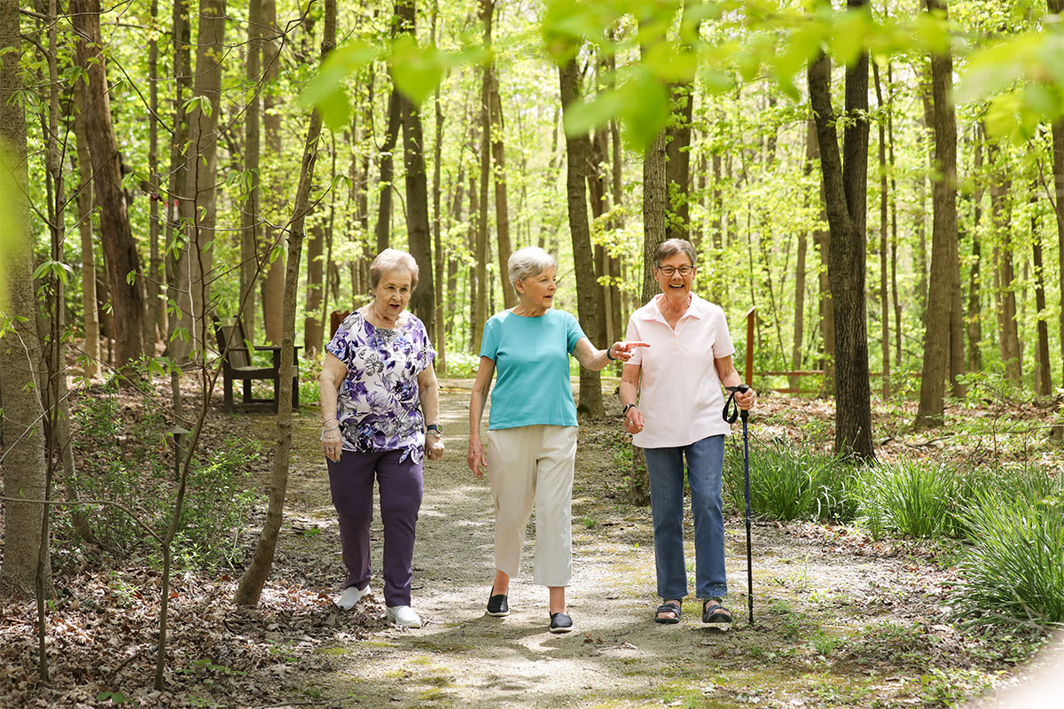 Group of three female friends walking along the Friendship Woods trails.