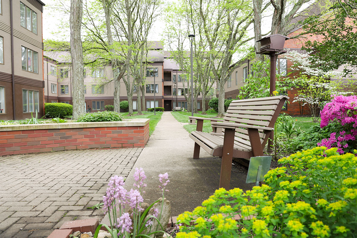 Wooden bench at on the Westerwood Campus.