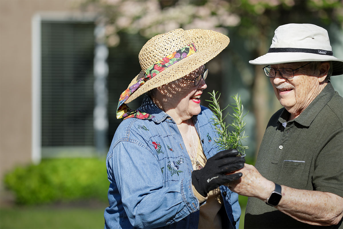 Couple talking about a plant as they plant in a garden.