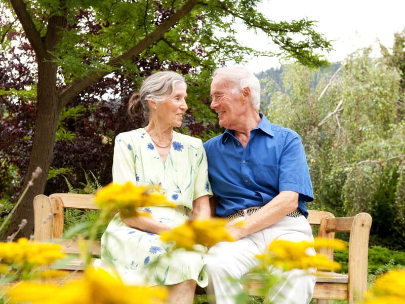 couple on a bench overlooking the woods